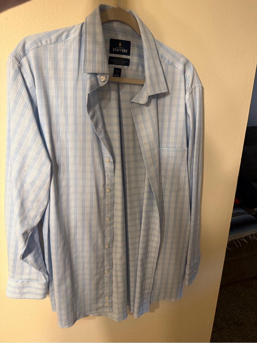 Stafford Light Blue Plaid Spread Collar Dress Shirt